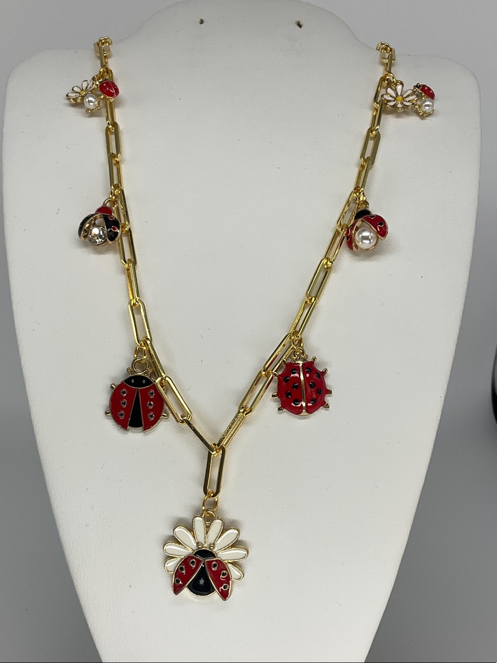 Gold-Tone Red Ladybug & Daisy Charm Necklace - Women Jewelry-18 Inch